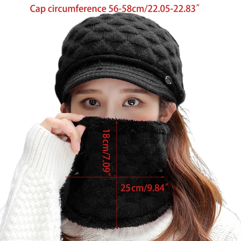 Женская зимняя шапка вязаная с козырьком круглый шарф плюшевой подкладкой A0NF 2
