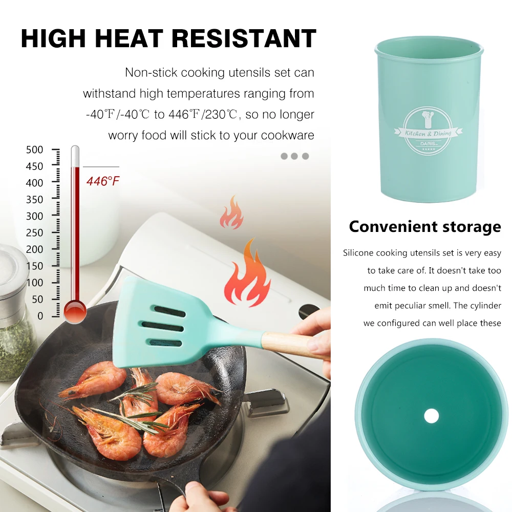 11PCS Silicone Kitchen Cooking Utensil Set with Storage Box for Countertop Wooden Cook Gadgets Utensils Sets | Дом и сад