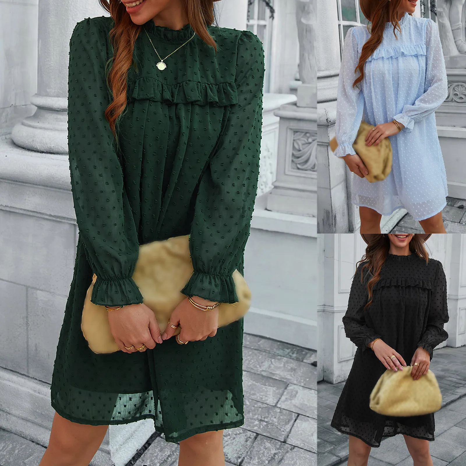 

Elegant Sweet Solid Dot Butterfly Sleeve Dress Women Casual O Neck Ruffle Chiffon Dress Autumn Vintage Ball Loose Dress Vestidos