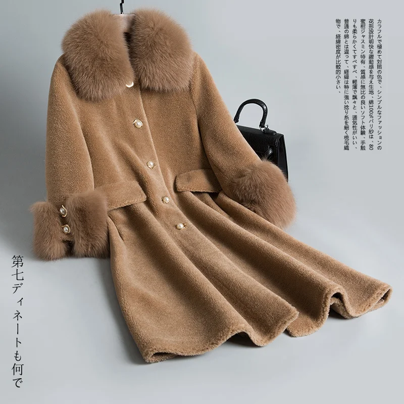 

Real Female Sheep Shearling Coats Winter Jacket Women Fox Fur Collar 100% Wool Coat Chaqueta Mujer MY3919