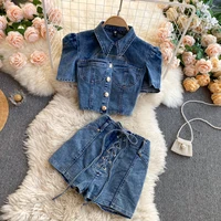 new summer fashion sexy puff short sleeve denim jacket button tops lace up high waist jeans short pants two piece sets women