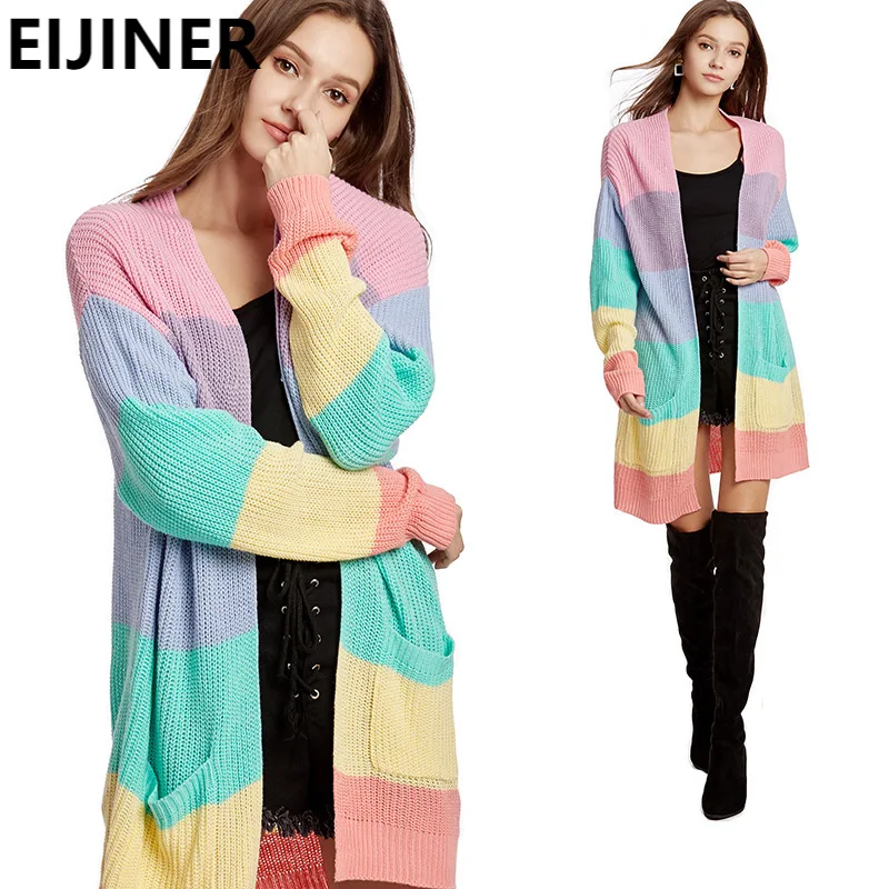 

Женский длинный вязаный кардиган в радужную полоску, Свитер оверсайз, куртка, весна-осень 2021, модный кавайный свитер в стиле Харадзюку С V-об...