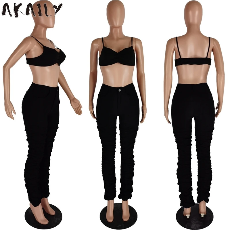 

Akaily Streetwear Black Ruched 2 Two Piece Sets Women Summer Matching Sets Female Spaghetti Strap Crop Top Long Pants Sets 2021