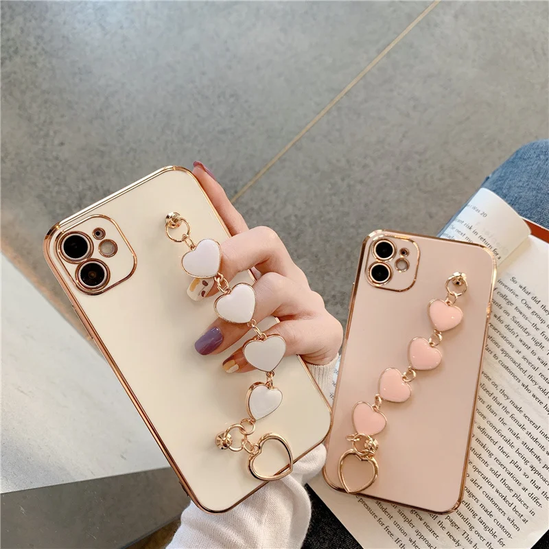 

Luxury Plating Love heart chain Wrist Bracelet soft case for iphone 12 Pro Max MiNi 11 pro max X XS XR 7 8 Plus SE 2020 Cover