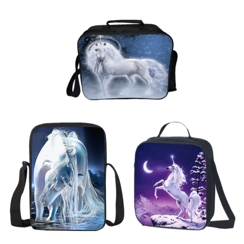 

Unicorn 3D Printing Animal Horse Kids Lunch Bag for Children Lunch Box Student Food Pouch Girls Messenger Bag Boys Shoulder Bag