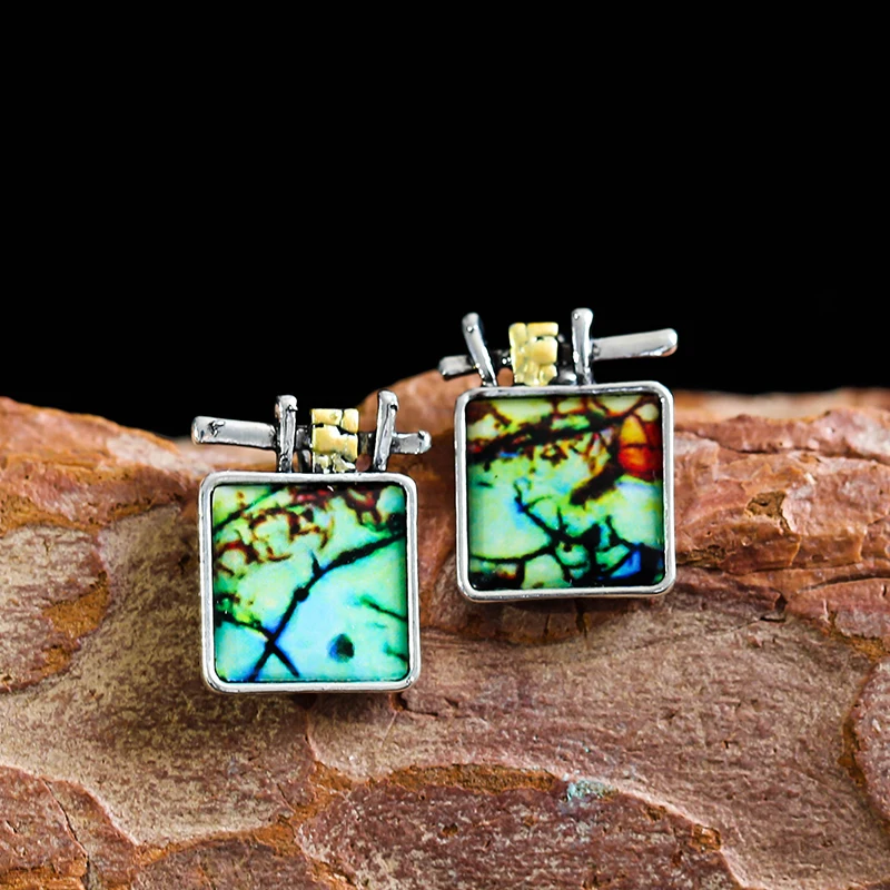 Новые квадратные цветные стеклянные маленькие серьги с узором в виде ветвей для