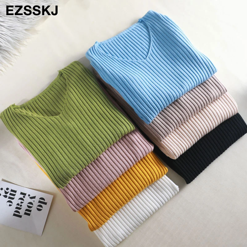 Winter Basic Knitted Tops Women Fashion Hot Sales Design Skin Tight V Neck Sweater Pink Gray White Black Blue O014 | Женская одежда