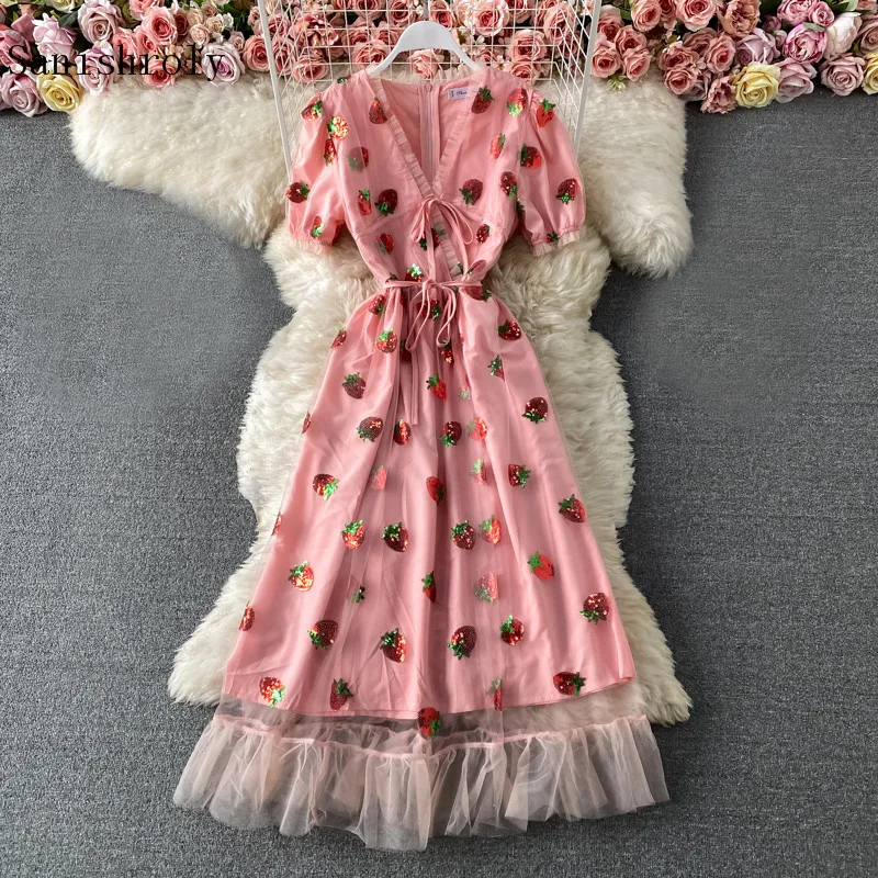 

Sanishroly V-Neck Strawberry Sequins Embroidery Dress Women Tie Puff Sleeve Mesh Dress Female Long Holiday Beach Vestidos SE1157