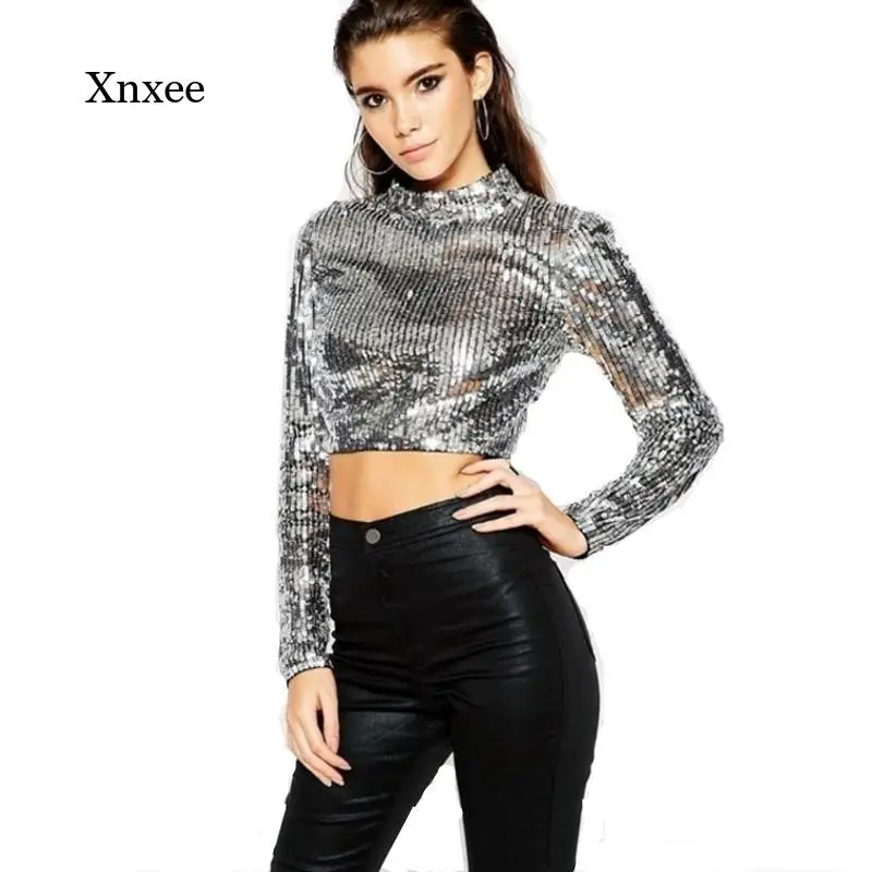 Sequins Crop Tops Spring Heavy Female Turtleneck Blous Long Sleeve Short T-Shirts for Women Sexy Fashion Clothes