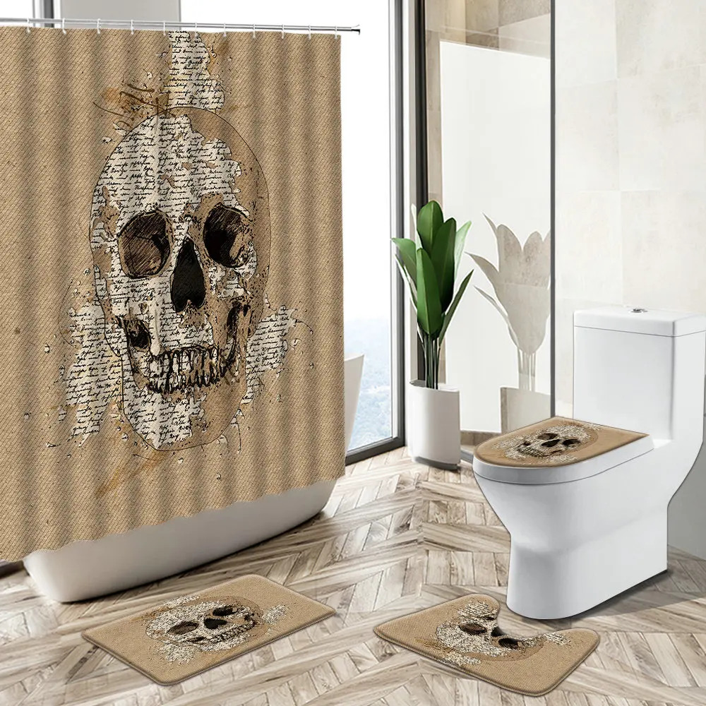 Miglior Skull Octopus Design Stampato Tenda Da Doccia Vintage Vecchio Bordo Di Legno Coppia Floreale Bagno Decor Tappeto Copriwater Set Tappetino Da Bagno