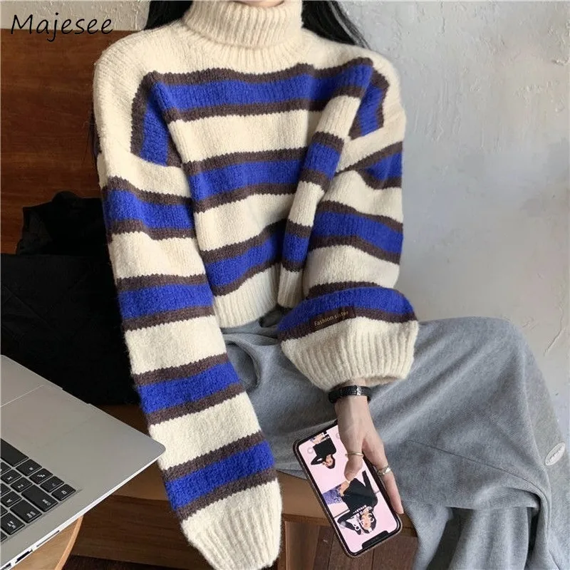 

Pullovers Women Striped Turtleneck Loose Long Sleeve Cropped Tops Students Harajuku Stylish Retro Sweaters Female Knitted Casual