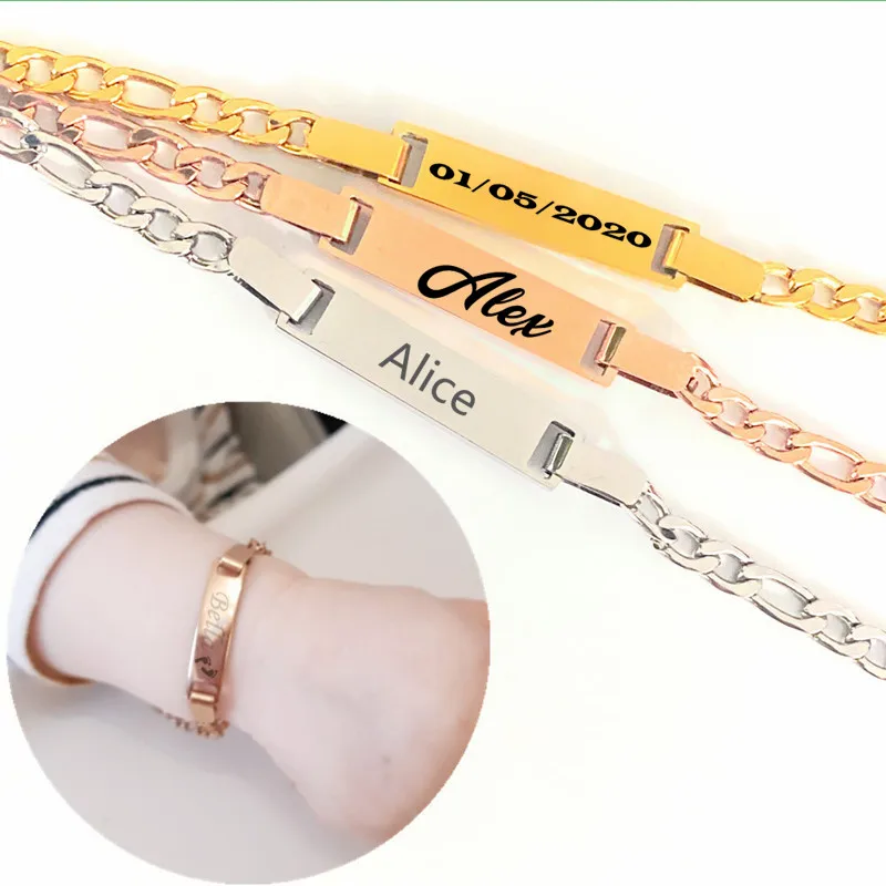 

Baby Engraved Nameplate Child Bracelet Custom Name ID Bar Bangle Gold Stainless Steel Jewelry For Children Hand Chain Baby Gift