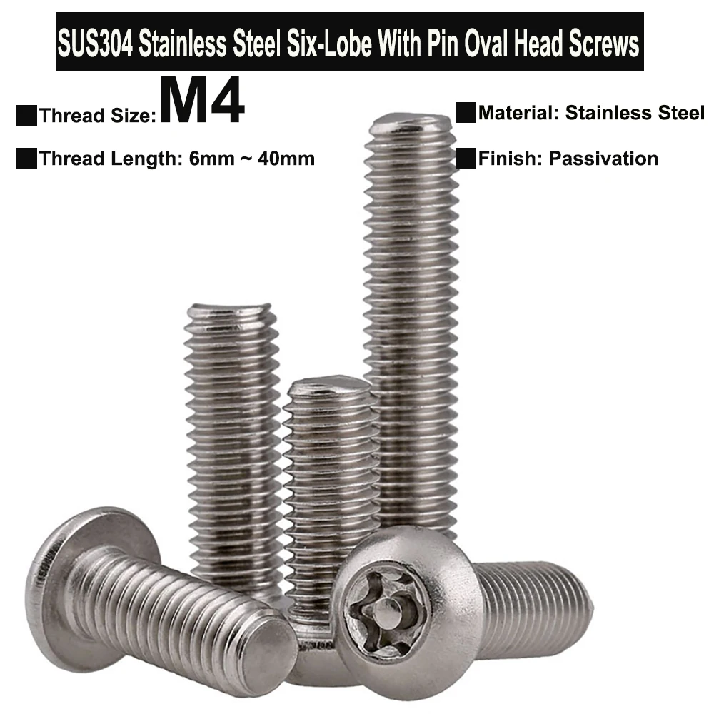 20Pcs/10Pcs M4x6mm~40mm SUS304 Stainless Steel Six-Lobe With Pin Socket Oval Head Screws Anti-theft Safety Screw