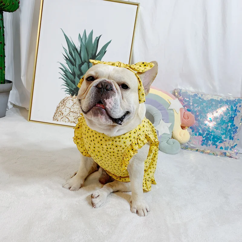

Pet Summer Dress Dog Clothes with Headband Headwear Poodle Bichon Pomeranian Schnauzer Pug French Bulldog Costume Dog Clothing