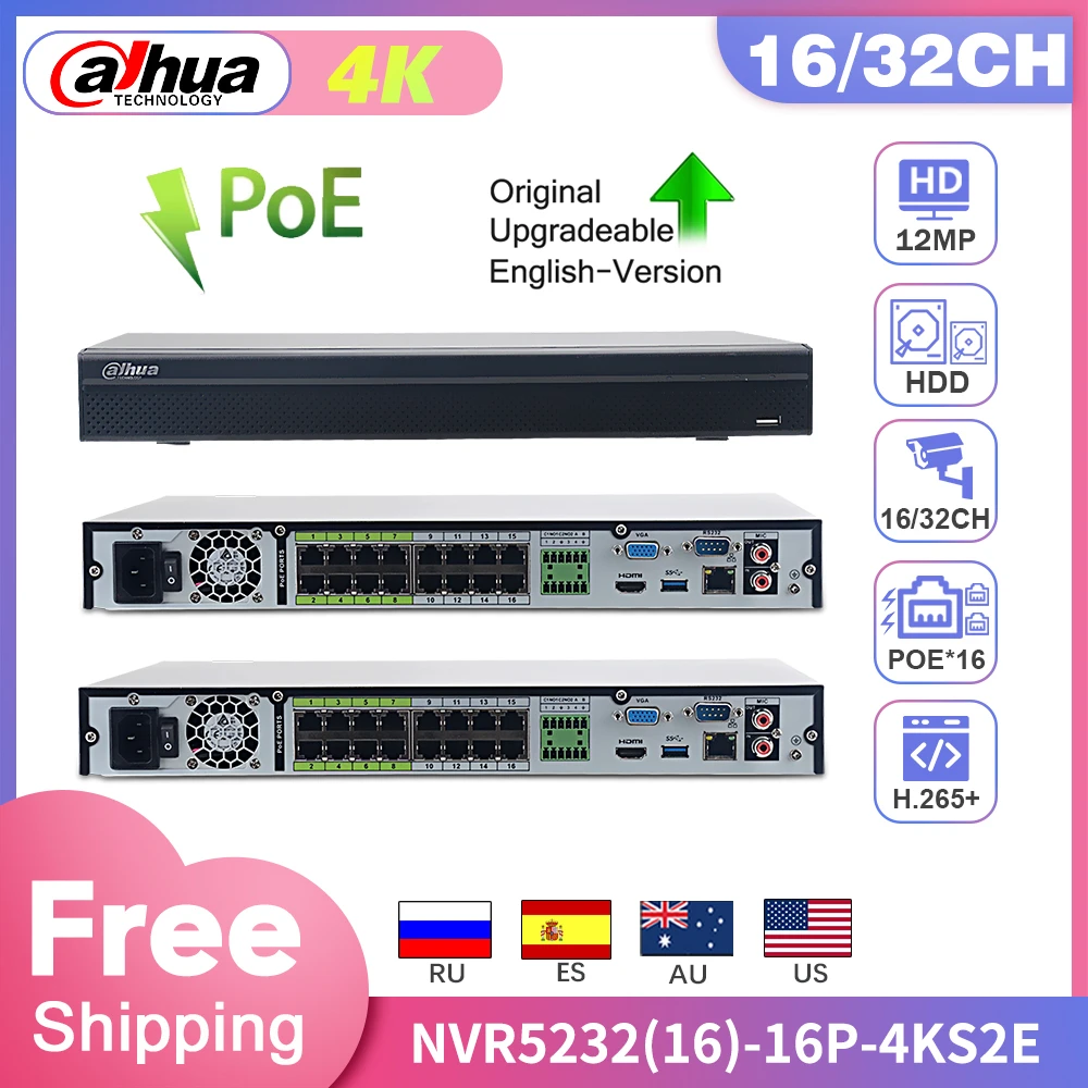 Камера видеонаблюдения Dahua 4K NVR NVR5232 16P 4KS2E 32CH 16PoE SATA поддержка H.265 двусторонняя