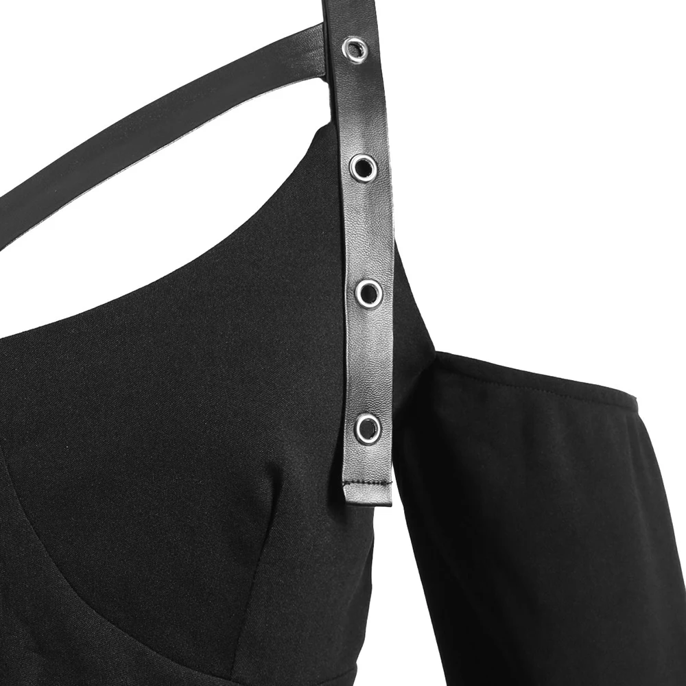 ROSEGAL Plus Size Halloween Cold Shoulder Harness Gothic T-shirt Sexy Hollow Buckle Belt Ribbon Tee Women Cut Out Punk T-Shirt | Женская