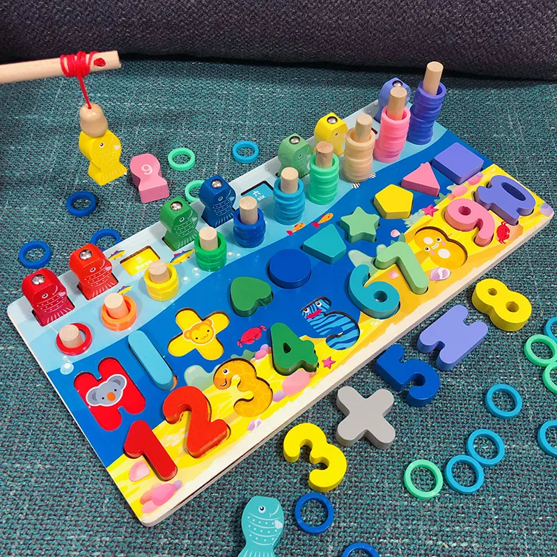 

New Wooden Montessori Preschool Educational Toy Children Busy Board Math Fishing Counting Geometric Figures Developing Board Toy