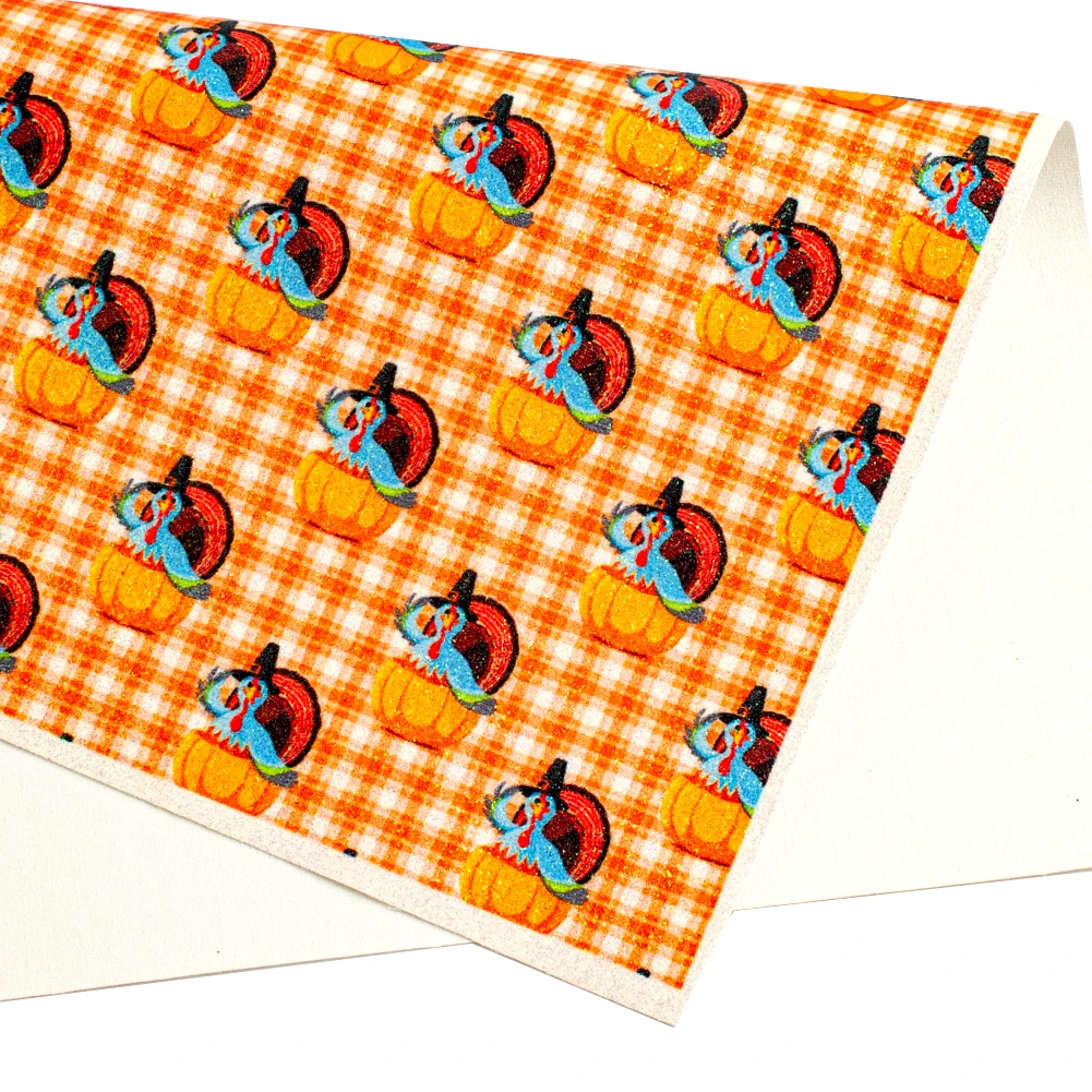 

Thanksgiving Fall Leaves Pumpkin print Glitter Leather for Party Decoration Gift Wrapping Hair Bows DIY Art Crafts,22*30cm