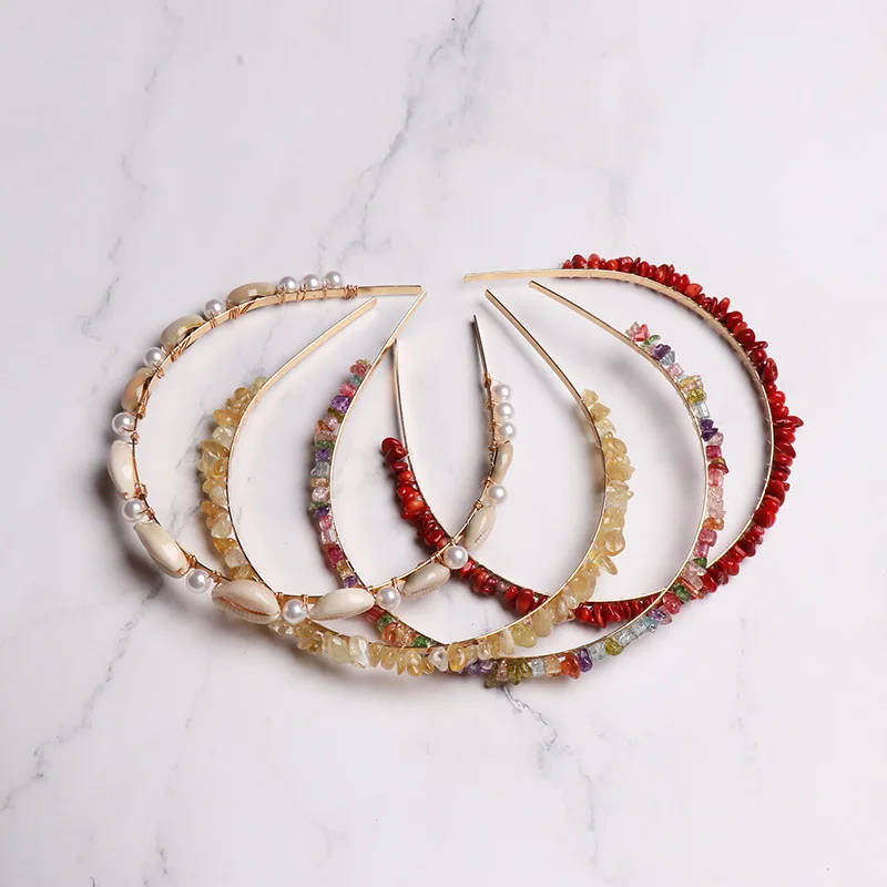 Обруч для волос ручной работы с разноцветными камнями жемчужными ракушками