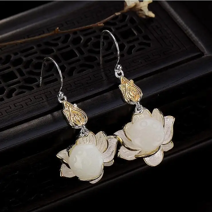 

S925 Sterling Silver Inlaid Hetian Jade Lotus Earrings Ailian Natural White Jade Lotus Seedpod Earrings Women's Sterling Silver