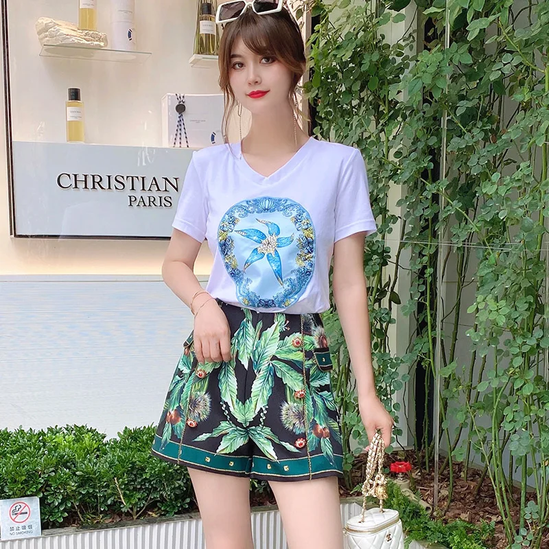 

DIDABOLE Fashion Summer New Women Sets Patchwork Short-Sleeved T-Shirt Tops + Print Diamond Mini Shorts Casual Two-Piece Suit