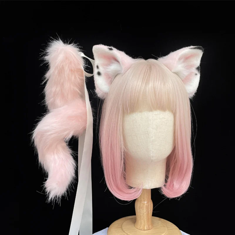 

New Hand Made Work Black White Pink Small Fragrant Pig Ears Hair Hoop Headband Headwear Tail Set For Girl KC Cosplay Gifts