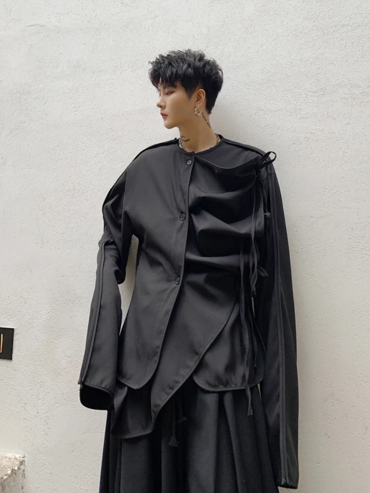 

Men Fold Irregular Ribbon Splice Long Sleeve Casual Black Shirt Male Japan Style Streetwear Punk Gothic Shirts Stage Clothing