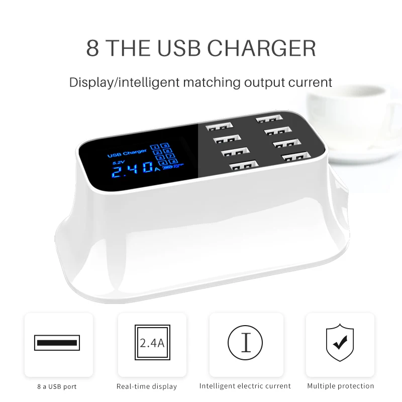 8 портов цифровой ЖК-дисплей USB зарядное устройство для Android iPhone адаптер планшет мобильный телефон 2.4A быстрое зарядное устройство для xiaomi huawei samsung