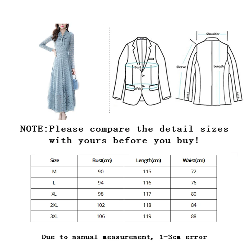 

Vangull Lace cutout dress women Bow tie collar Long sleeve High waist A-line Mid-calf dress Slim Elegant Feminine Casual dress