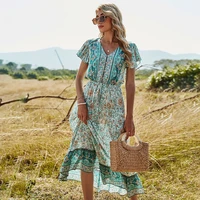 boho chic summer long robe clothing casual holiday hippie style print stitching flared sleeve bohemian dress