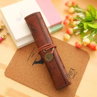 Dark Brown Винтажный пенал для карандашей с картой сокровища, роскошный рулон, полиуретановый чехол для ручек, художественная сумка для рисования, для канцелярских принадлежностей - Цвет: Dark Brown