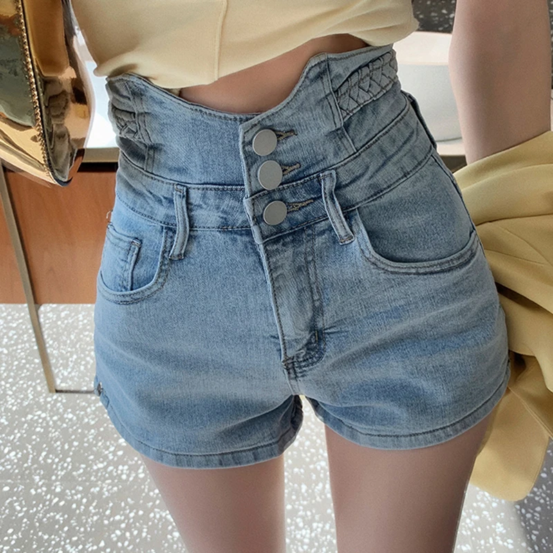 

Womens High Waist Buttons Sexy Shorts Denim Pants 2021 New Summer Trendy Wide Leg Jeans Shorts Trousers Ladies Washed Egirl Pant