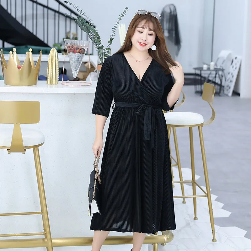 Женское бархатное платье в полоску повседневное плиссированное большого