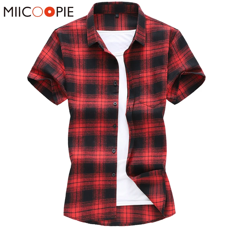 

Brand Fashion Cotton Striped Mens Dress Shirt Casual Checkered Short Sleeved Shirts For Men Contrast Plaid Blouse Streetwear 7XL