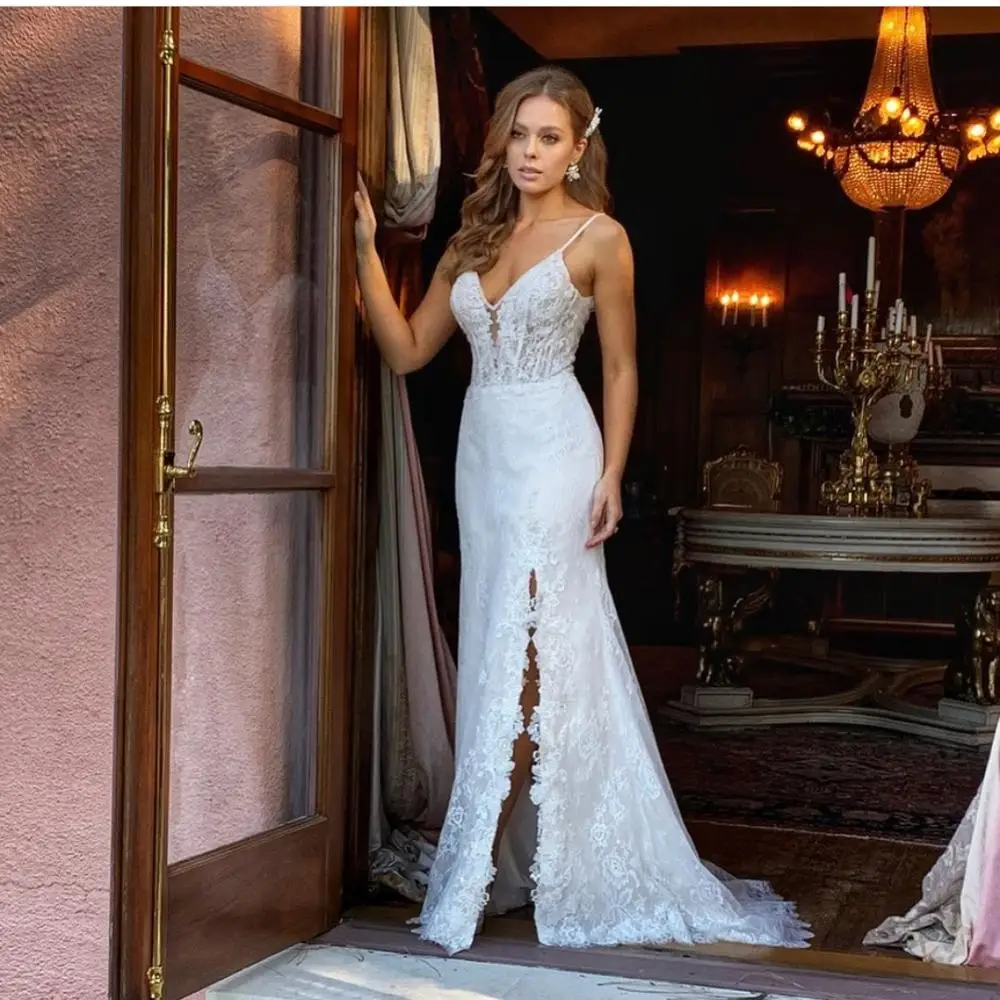 

Женское кружевное свадебное платье, белое платье на бретелях-спагетти без рукавов, с открытой спиной и шлейфом, лето 2021