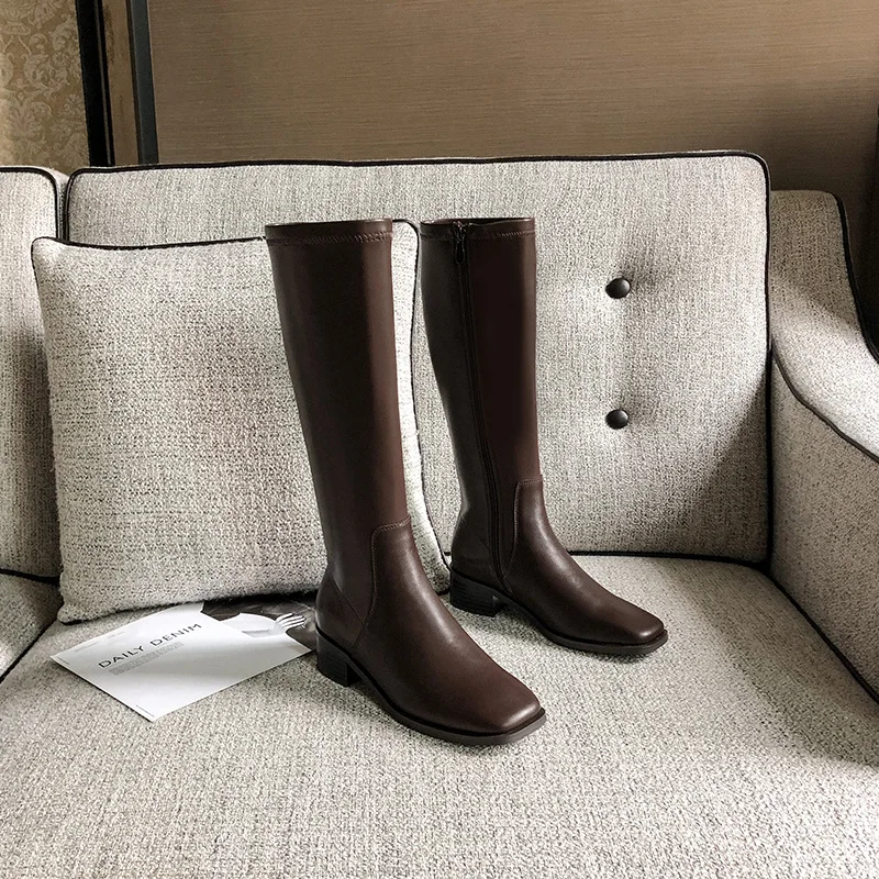 

Women's boots 2021 new high boots women's below knee square head net red leather boots black brown thick heel zipper Knee Boots