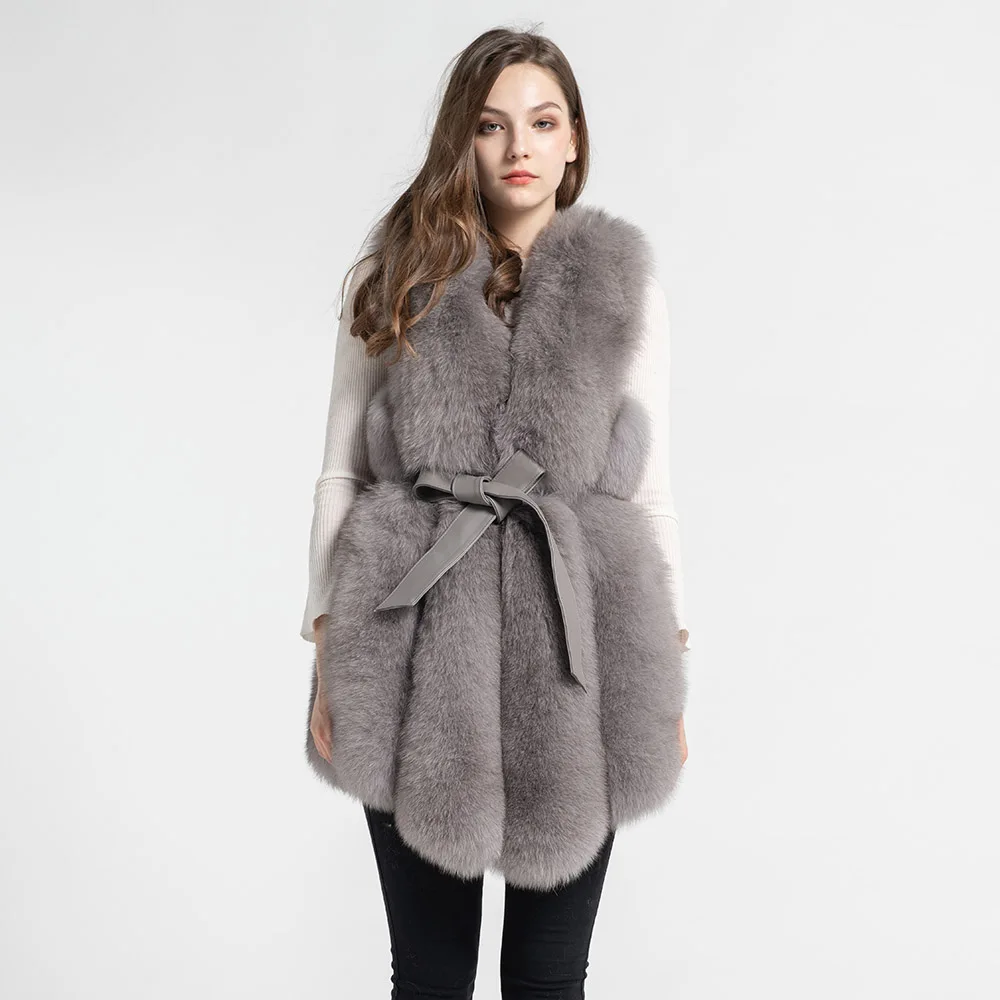Light Grey Дизайн, женский жилет из натурального Лисьего меха, Модный меховой жилет с поясом, высокое качество, жилет на весну и зиму, S7496 - Цвет: Light Grey