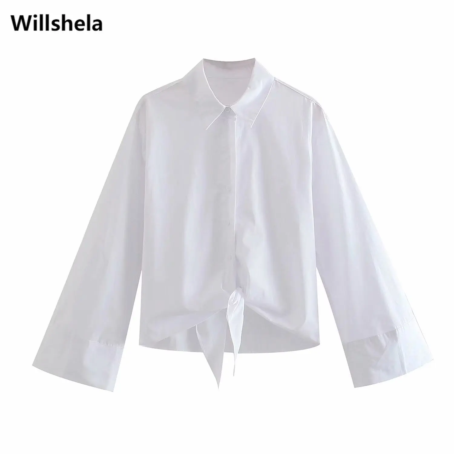 

2021 Women Fashion Crop Shirt with Bow Knot Long Sleeves Casual Chic Lady White Blouse Woman Crop Tops haut femme