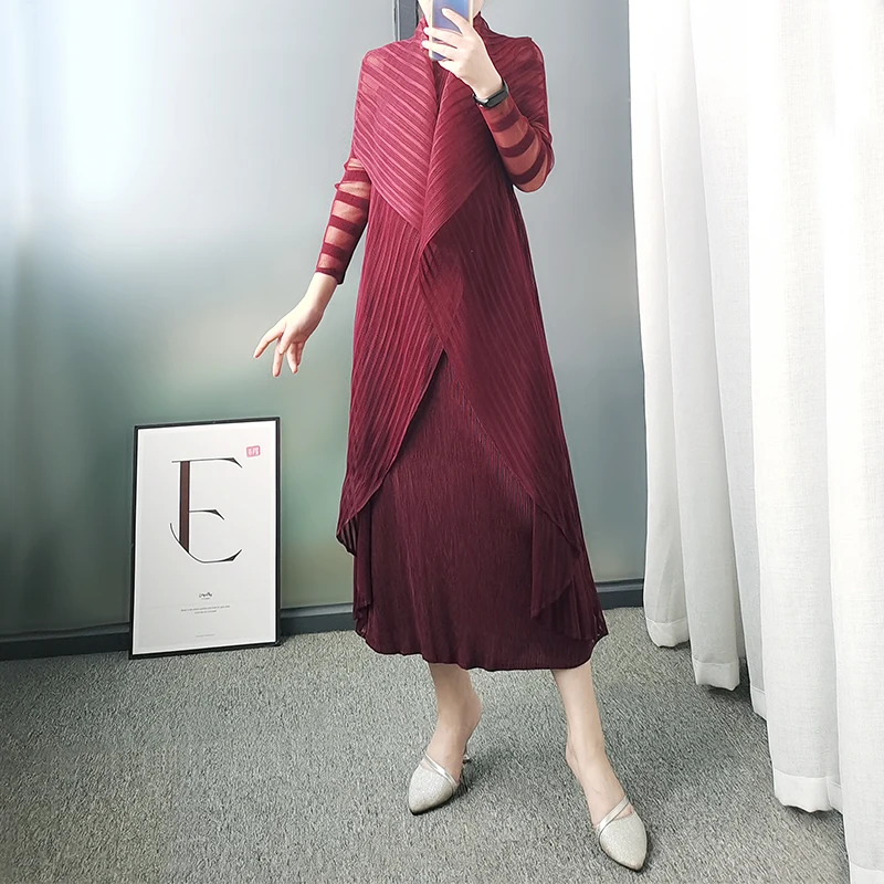 

Miyake Pleated high fashion two piece overall dress French Lace Turndown Collar long dresses women Vintage aesthetic clothes