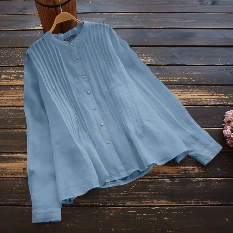

Female Tunic Blusas Solid Long Sleeve Blouse Women Casual Button Pleated Shirts Loose O Neck Cotton Tops Work Chemise