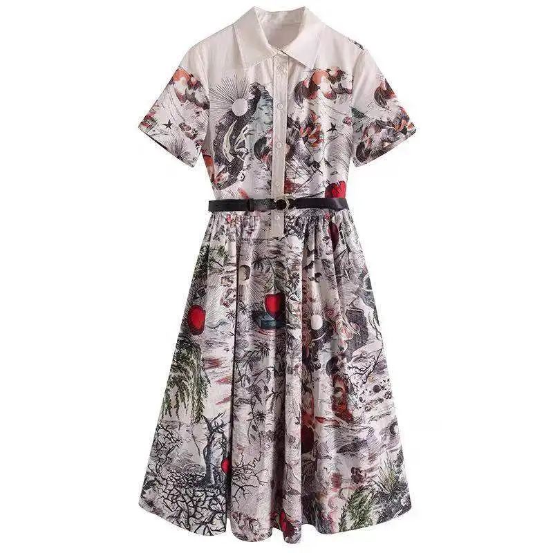 

Women Summer Dress 2021 Vintage Floral Printed Short Sleeve A-Line High Street Elegant Fashion Midi Dresses Clothing Robe urbano