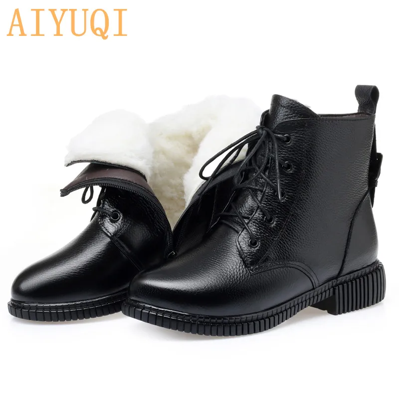 Black wool Новинка года; женские зимние ботинки из натуральной кожи; зимние ботинки на плоской нескользящей подошве со шнуровкой; шерстяные теплые женские Ботинки martin - Цвет: Black wool