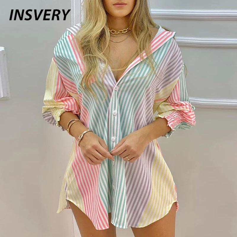 

New Colorful Striped Prnit Dress Women Fashion Button Shirt Dresses Casual Autumn Short Dress Boho Vacation Dress 2021