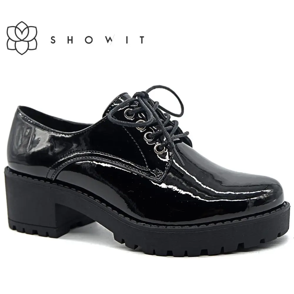 

Female corporate shoes 2020 Black Patent Women Platform Shoes Oxford Lace Up ladies offices Shoes Middle Heels Flat Shoes winter