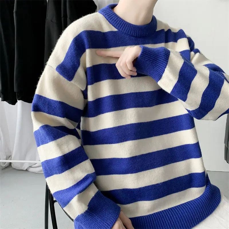 

Autumn Winter Striped Sweater Men Warm Fashion Casual Knitted Pullover Men Korean Loose Long-sleeved Sweater Mens Jumper Clothes