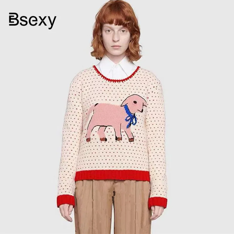 Cute Women knit Sweater 2019 Autumn Winter Cartoon Dog Jacquard Polka Dot Round Neck Knit Top Pullover Casual Jumper | Женская одежда