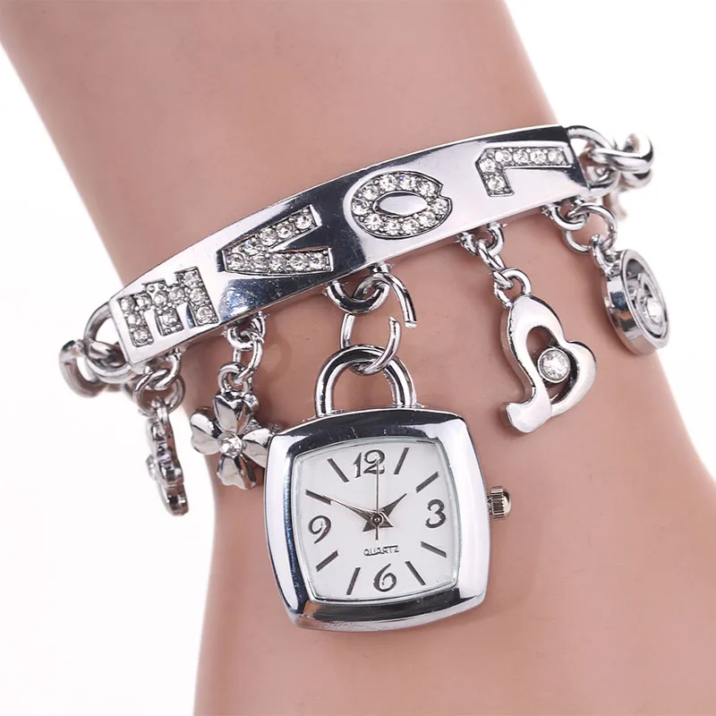 

Fashion Ladies Watches Women Love Rhinestone Chain Bracelet Wrist Watch Square Watch 2021 New Relogio Feminino relojes para muje