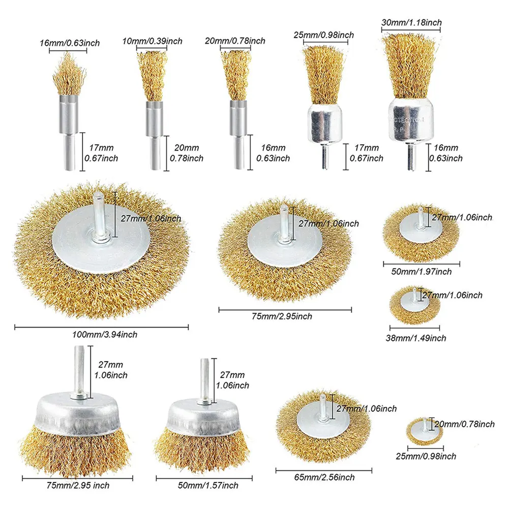 

13PCS Wire Brush Wheel Brass Coated Steel Rotary Cup Brush for Drill Rust Paint Removal Polishing Tool Metal Polishing Deburring