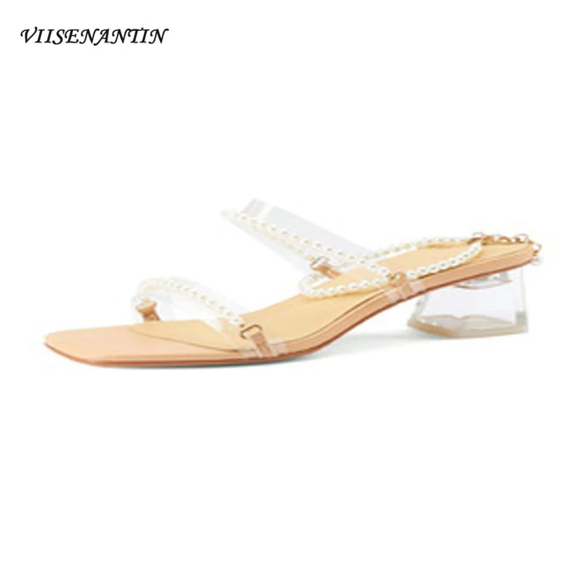 

Transparent Belt with Pearl Sandals and Slippers Women's Crystal Mid-heel Non-slip Rubber Tendon Sole Pearl Ankle Sandals