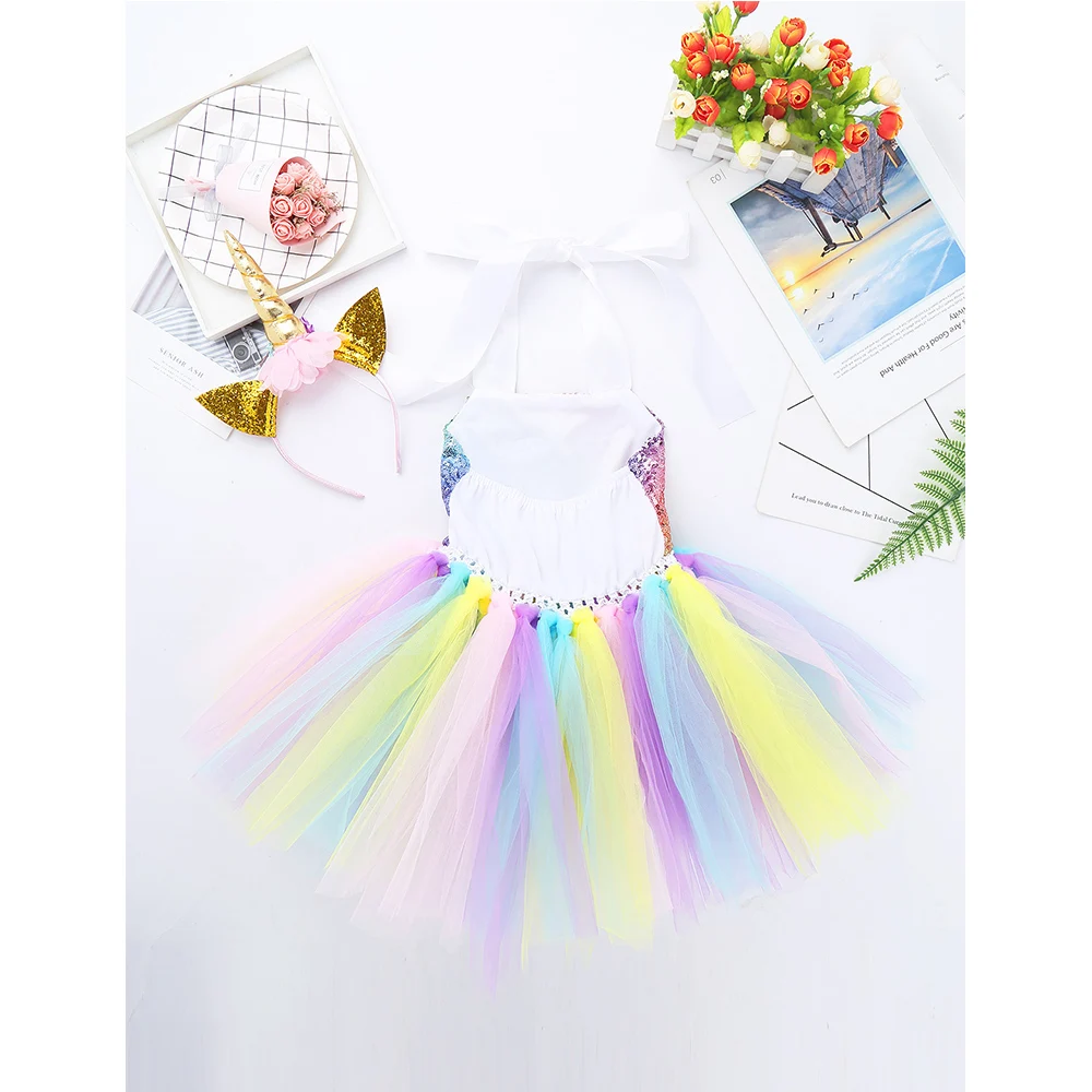 

TiaoBug Kids Girls Colorful Sequins Mesh Tutu Dress with Hair Hoop Angel Wings Outfit Halloween Cartoon Anime Cosplay Costume